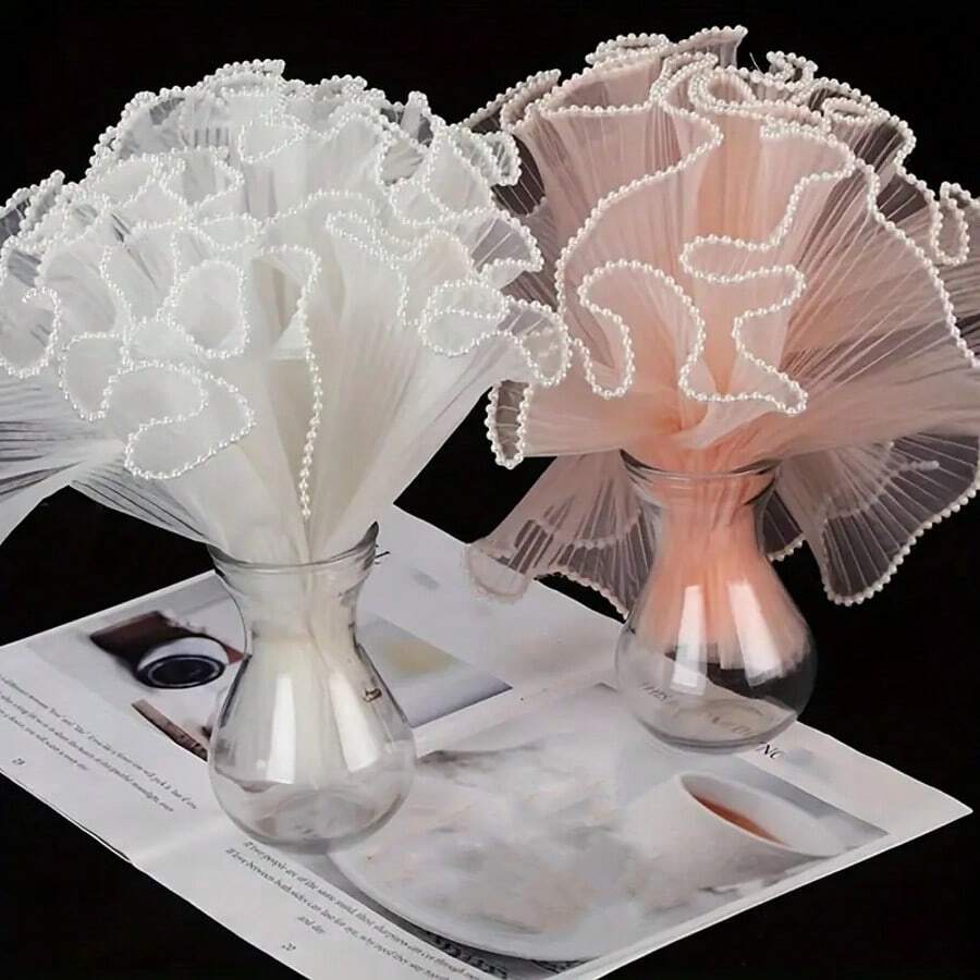1 pièce Papier d'emballage à fleurs de 28 cm x 4 yards, tissu plissé en faux-perle. Fournitures de fleuriste pour les fêtes, les mariages, les anniversaires. Emballage cadeau, accessoires de bouquet de fleurs, emballage de fleurs fraîches pour la Saint-Valentin, la Fête des Mères
