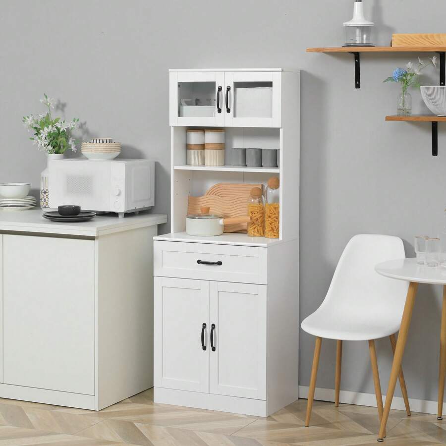 HOMCOM HOMCOM Alacena de Cocina Mueble Buffet de Cocina con 4 Puertas Cajón y Estantes Ajustables para Salón Comedor Estilo Moderno 60x38x161 cm Blanco