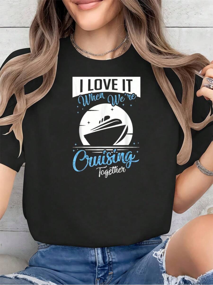 Matching Couple Shirt Cruising Vacation Cruise Ship Gift T-Shirt Print Crew Neck T-Shirt For Summer, Women's Soft Short Sleeve Top, Stylish Comfy Tee For Women Graphic Tees