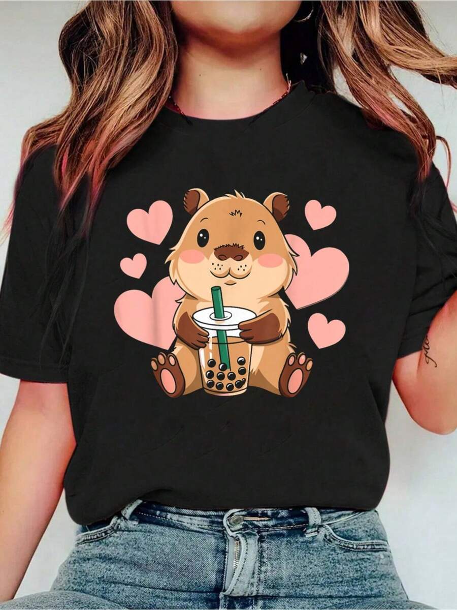 Cute Capybara Boba Tea Bubble Rodent Women Teen Gi Print Crew Neck Casual T-Shirt Short Sleeve Sports Top, Smart Casual/Street Style Women's Clothing