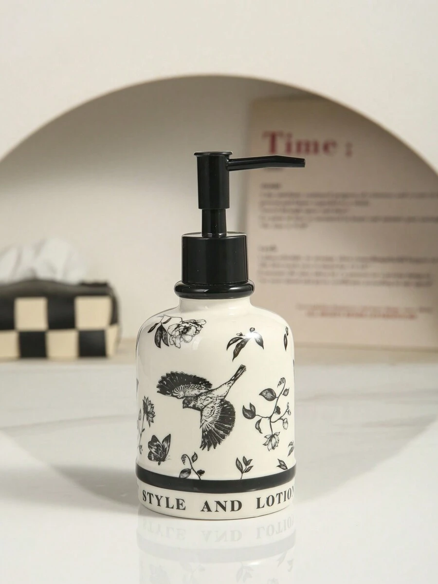 1pc Floral Ceramic Dispenser Bottle, Suitable For Home/Hotel, Bathroom Use, Refillable Bottle Back To School