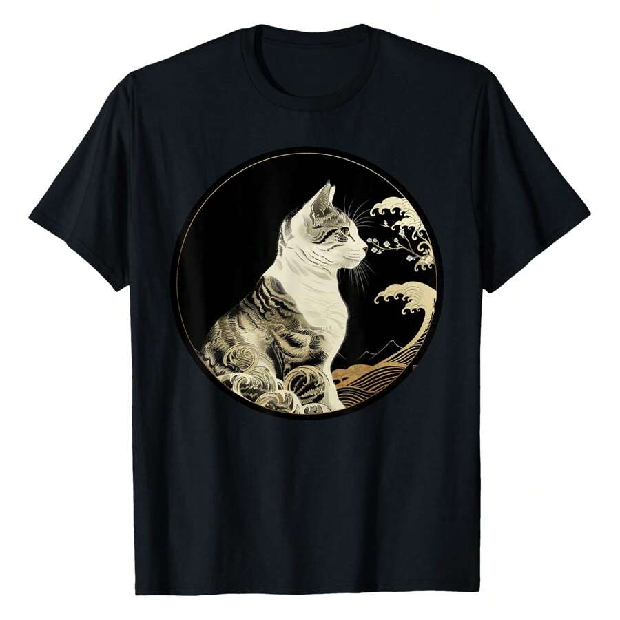 Vintage Kitten Wave Pattern Japanese Art Pet Cute Cat T-Shirt Women Unisex Men S Cotton Short Sleeve T-Shirt, Perfect For Summer Adventures, 100% Soft Fabric, Ideal For Sports, Work, And Relaxation
