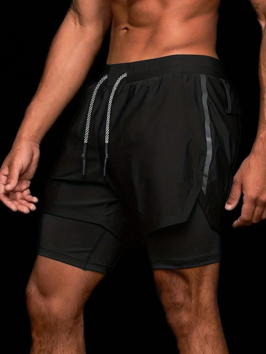 2-In-1 Double Layer Shorts With Zipper Pockets, Men High Elastic Sports Shorts For Gym Fitness Training, Summer