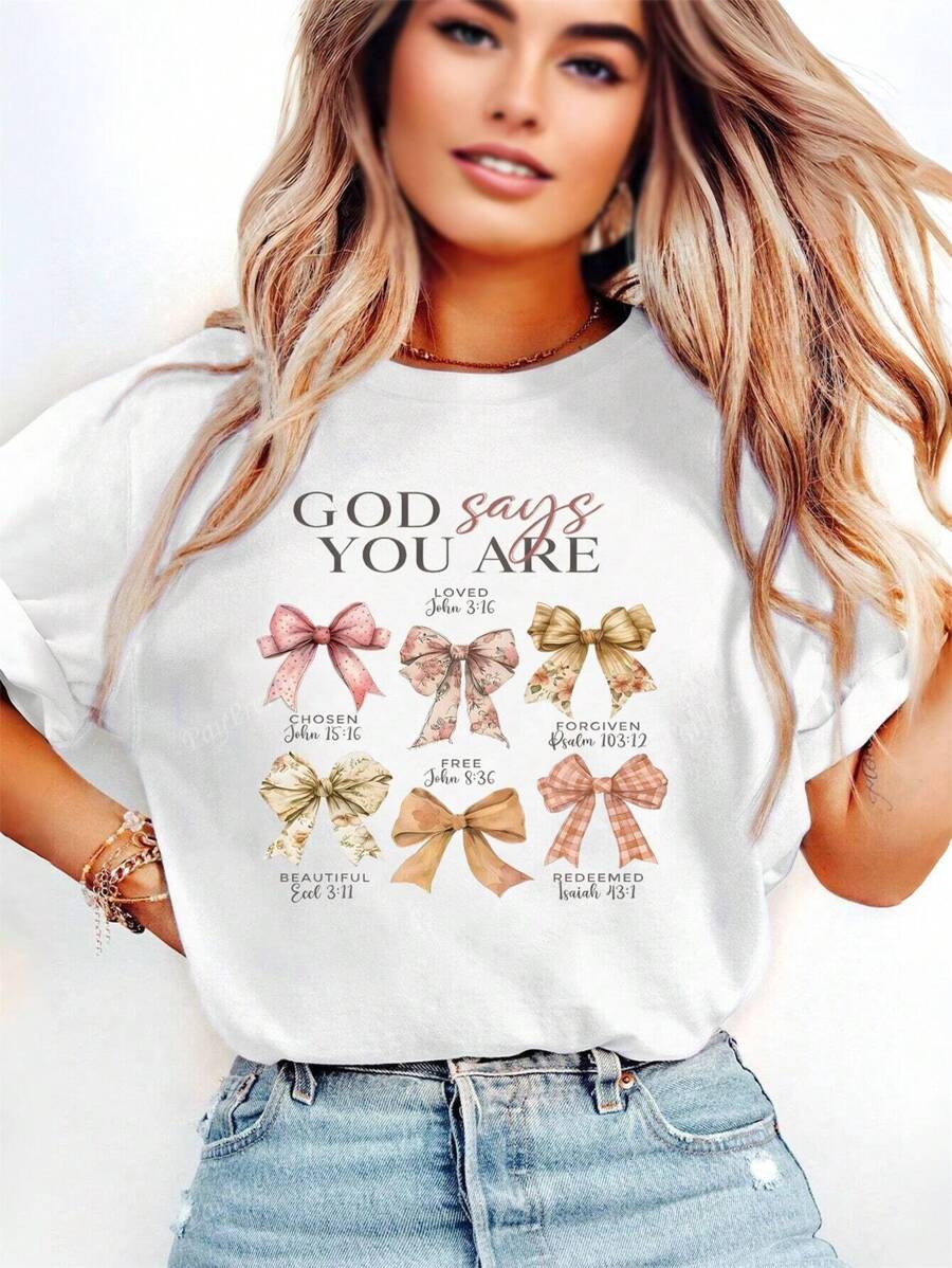 Dames T-shirt met bloemenstrikprint - Vintage esthetiek, inspirerende christelijke quote, casual kleding voor alle seizoenen
