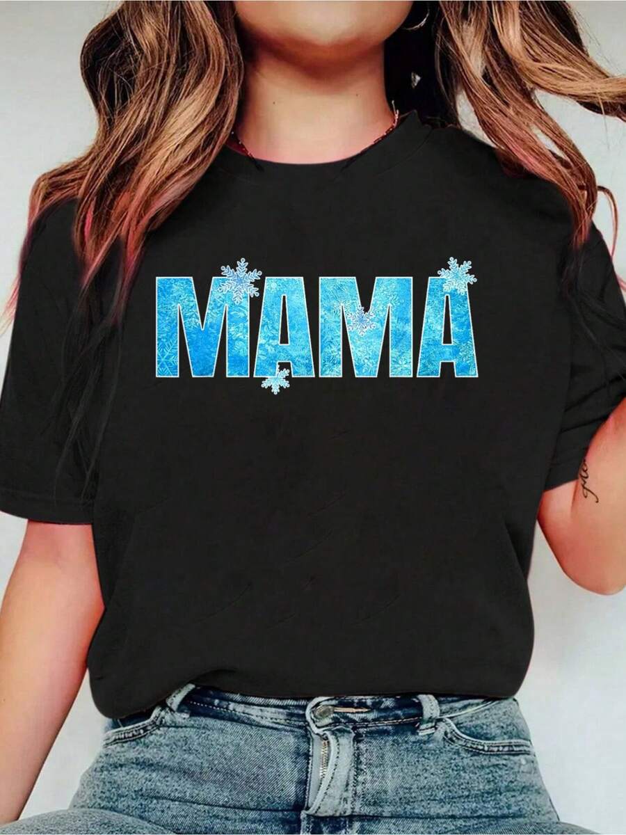 Mom And Dad Mama Birthday Girl Winter Snowflake Family Tees,Fashion Casual T-Shirt Print Crew Neck Casual T-Shirt Short Sleeve Sports Top, Smart Casual/Street Style Women's Clothing