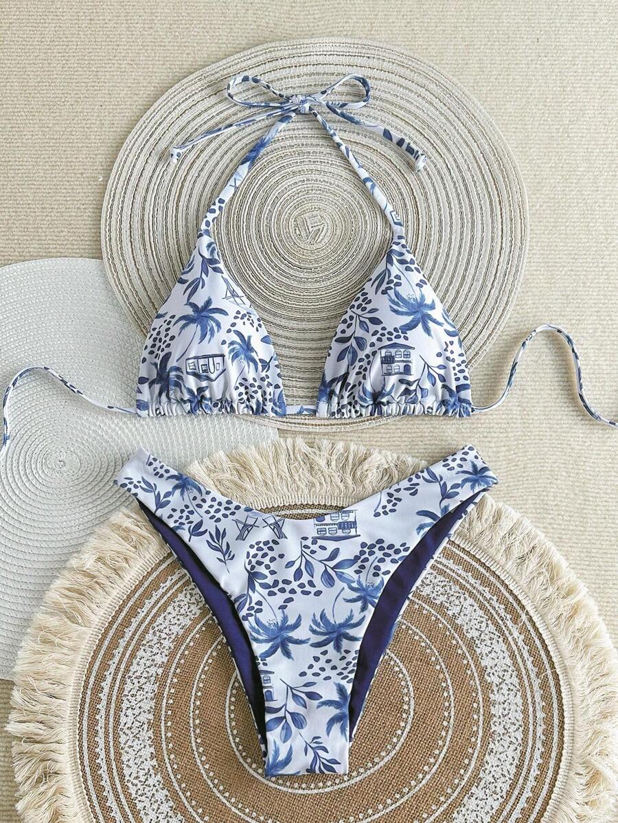 Women's Vacation Style Printed Halter Triangle Bikini Two-Piece Set, Suitable For Island Vacation Photography, For Summer Beach