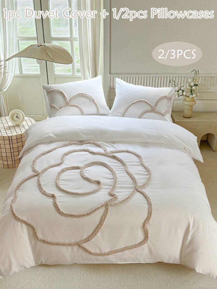 2/3 pièces Ensemble de housse de couette en polyester peluche imprimé floral, ensemble de literie style pastoral minimaliste convenant à toutes les saisons (1 housse de couette + 1/2 taies d'oreiller)
