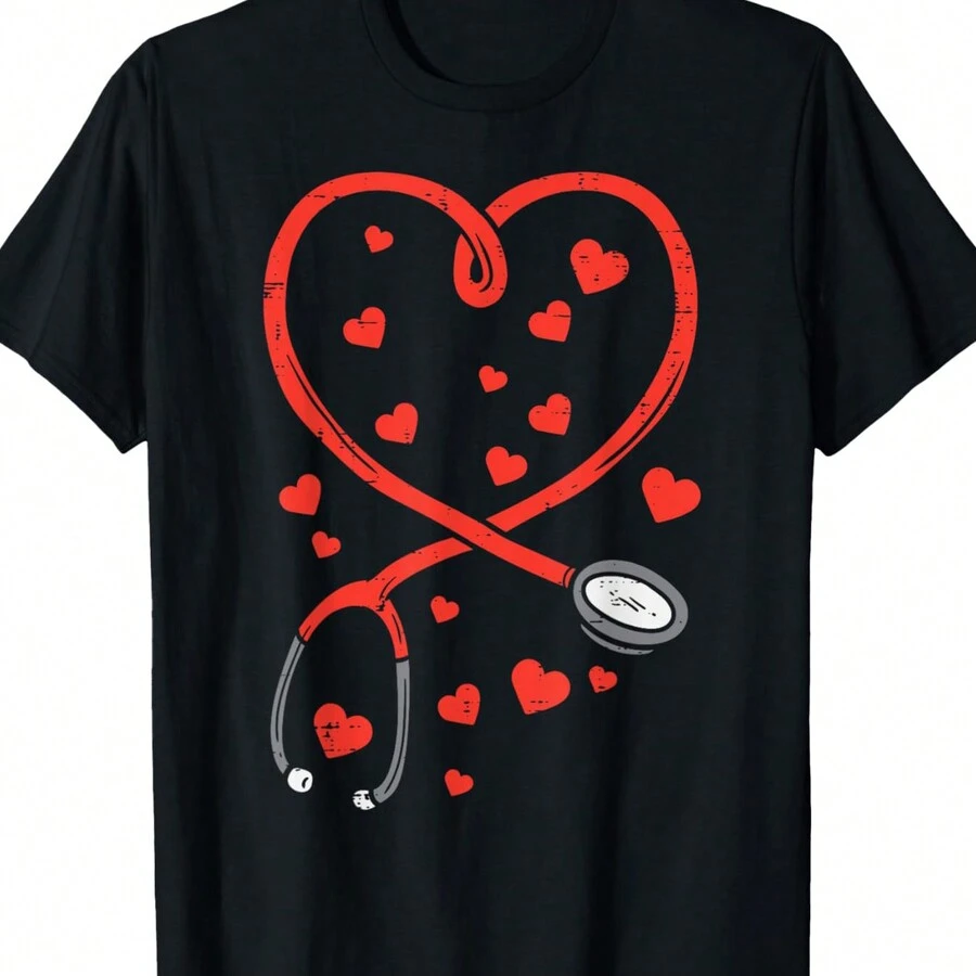 Heart Stethoscope Cute Nurse Valentines Day RN ICU ER Women T-Shirt-220g T-Shirt 100% Cotton T-Shirt