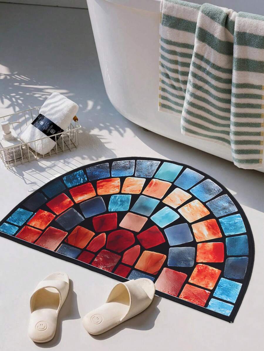 1Pc Semicircle Welcome Doormat, Creative Colorful Geometric Stone Flower Pattern Door Mat, Perfect For Outdoor, Camping, Living Room, Kitchen, Bathroom, Bedroom, Balcony Decor