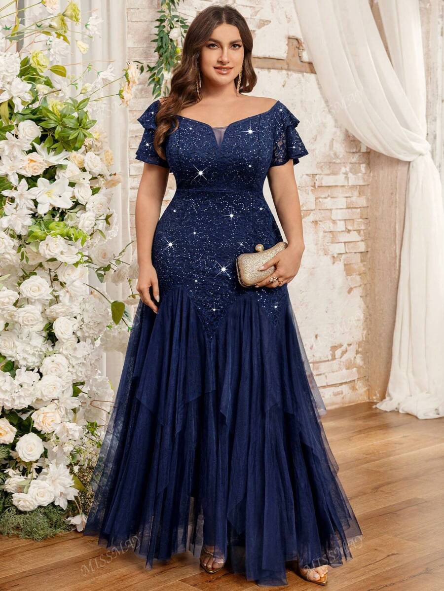 Vestido largo de fiesta, baile de graduación, boda, con hombros descubiertos, mangas con volantes, lentejuelas, encaje floral, contraste de malla, volantes en el bajo, para ocasiones especiales