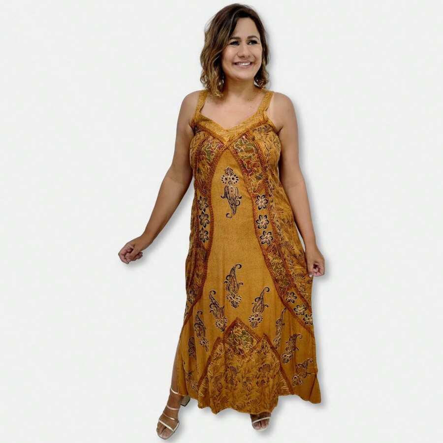 Vestido Longo de Alça Indiano Estonado Liso com Bordado 408