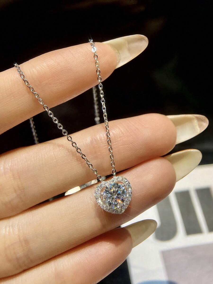 1 pièce Collier de fiançailles en moissanite de 1 carat, de conception ronde à 3 griffes, de couleur D, pour femmes. Collier de promesse en forme de cœur, collier de mariage, cadeaux d'anniversaire, cadeaux d'anniversaire de mariage