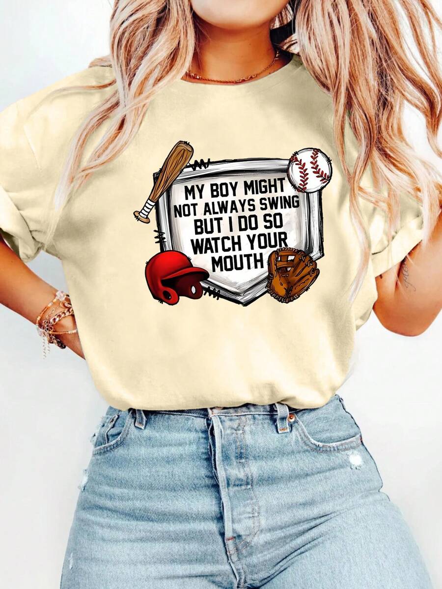 Baseball Mom Cartoon Letter Graphic Print T Shirt, Short Sleeve Crew Neck Casual Top For Summer & Spring, Women's T-Shirt