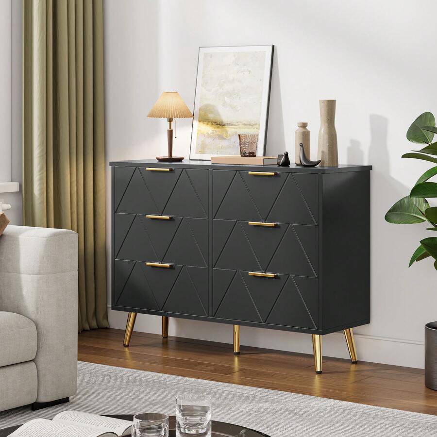 Commode contemporaine à 6 tiroirs pour chambre à coucher, meuble de chambre à coucher, large commode en bois, meuble de rangement coulissant, meuble de bureau (blanc)