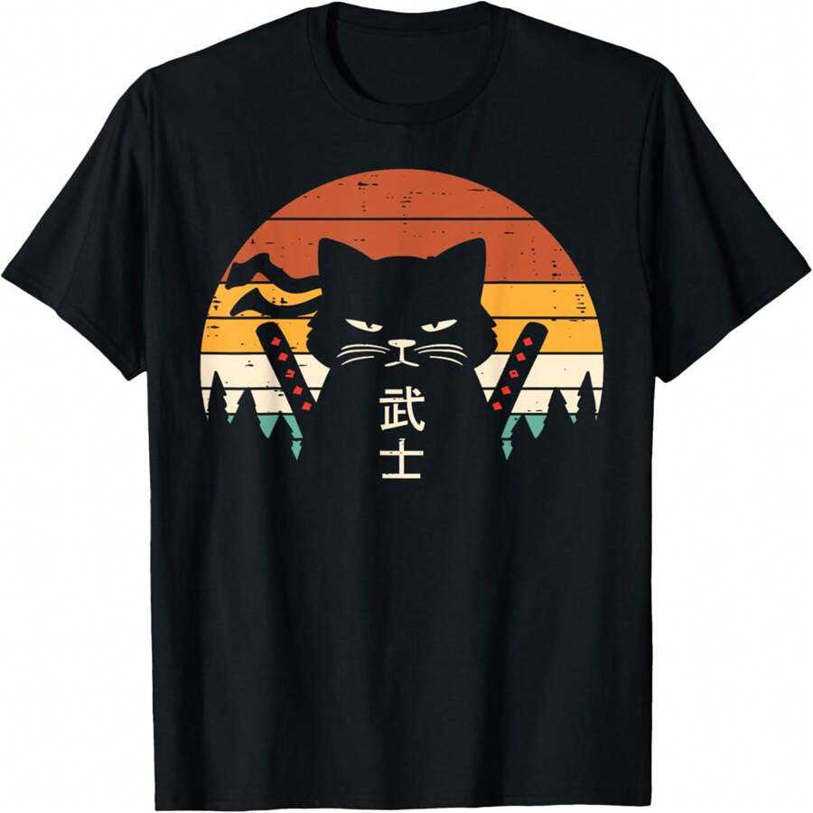Japanese Samurai Cat Warrior Retro Men Women Kids Boys T-Shirt.