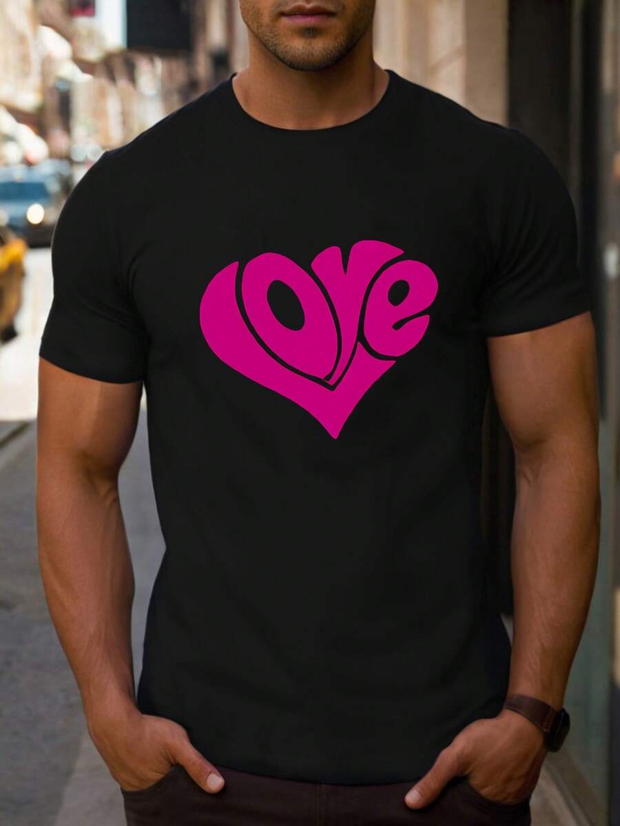 Camiseta de hombre "Expresión de amor en la ciudad" para San Valentín, 1 pieza, camiseta informal de algodón puro grueso con cuello redondo de 220 g/m².
