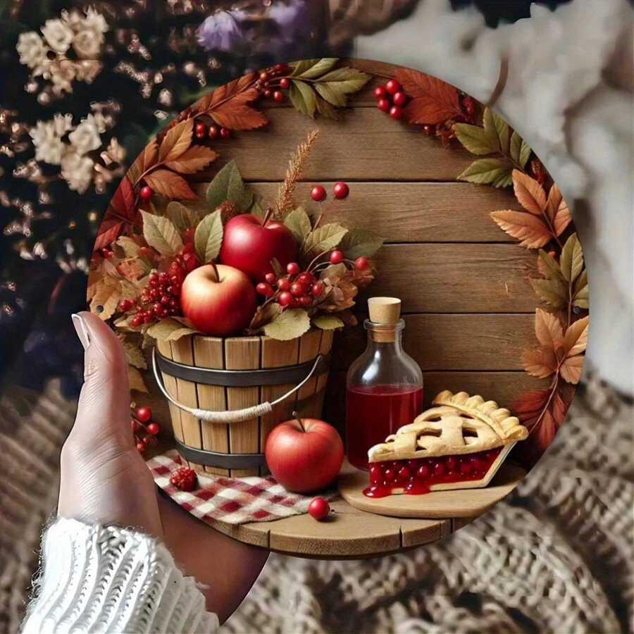 1pc 8x8 Inch Retro Farmhouse Apple Harvest Metal Sign, Rustic Bucket Design For Home Decor In Kitchen, Living Room, Coffee Shop, Bedroom, Waterproof And Heat/Cold Resistant, Assorted Style,Home Decor ,Room Decor,Wall Decor Gifts Birthday Graduation
