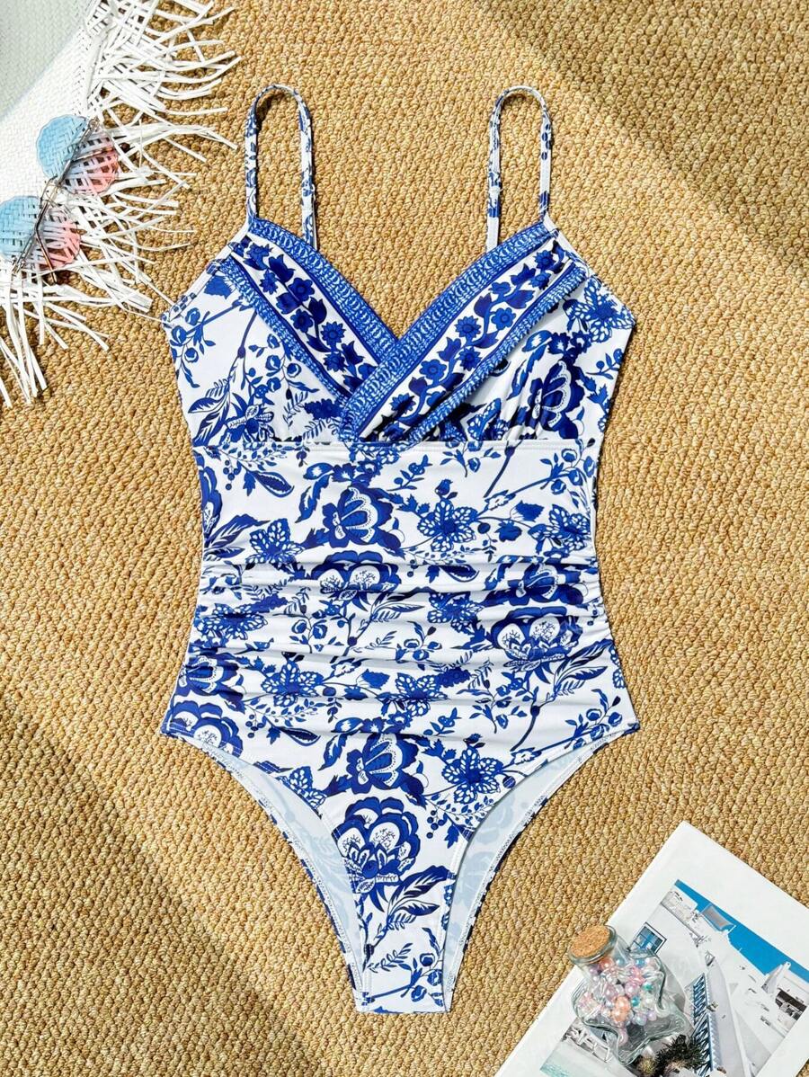 Maillot de bain une pièce avec imprimé floral sexy, froncé et croisé, parfait pour les vacances d'été à la plage