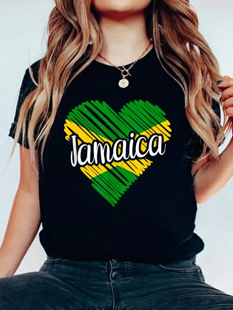 Jamaica For Men Jamaican Heart Flag For Women Jamaica T-Shirt Casual Printed 100% Cotton Women T Shirt, Summer Tshirts Short Sleeve Graphic Tee Women Tops