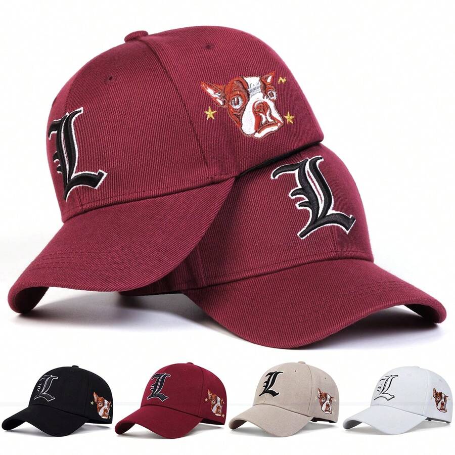 AR 1pc Men's Gothic Letter L Baseball Cap With Dog Print, Fashionable Hat For Outdoor Sports, Adjustable UV Protection Casual Cap Suitable For Spring, Autumn, Travel, Beach, Party