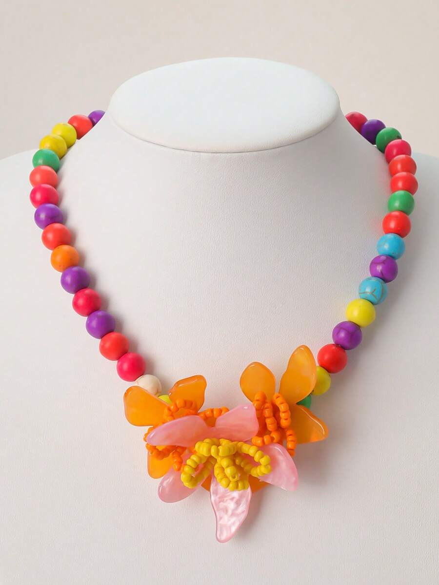 1 pieza Collar de cuentas de flores de resina de color caramelo de moda, collar gargantilla floral de cuentas coloridas hecho a mano, adecuado para mujeres en fiestas, vacaciones, uso diario (hecho a mano, surtido aleatorio de color de cuentas)