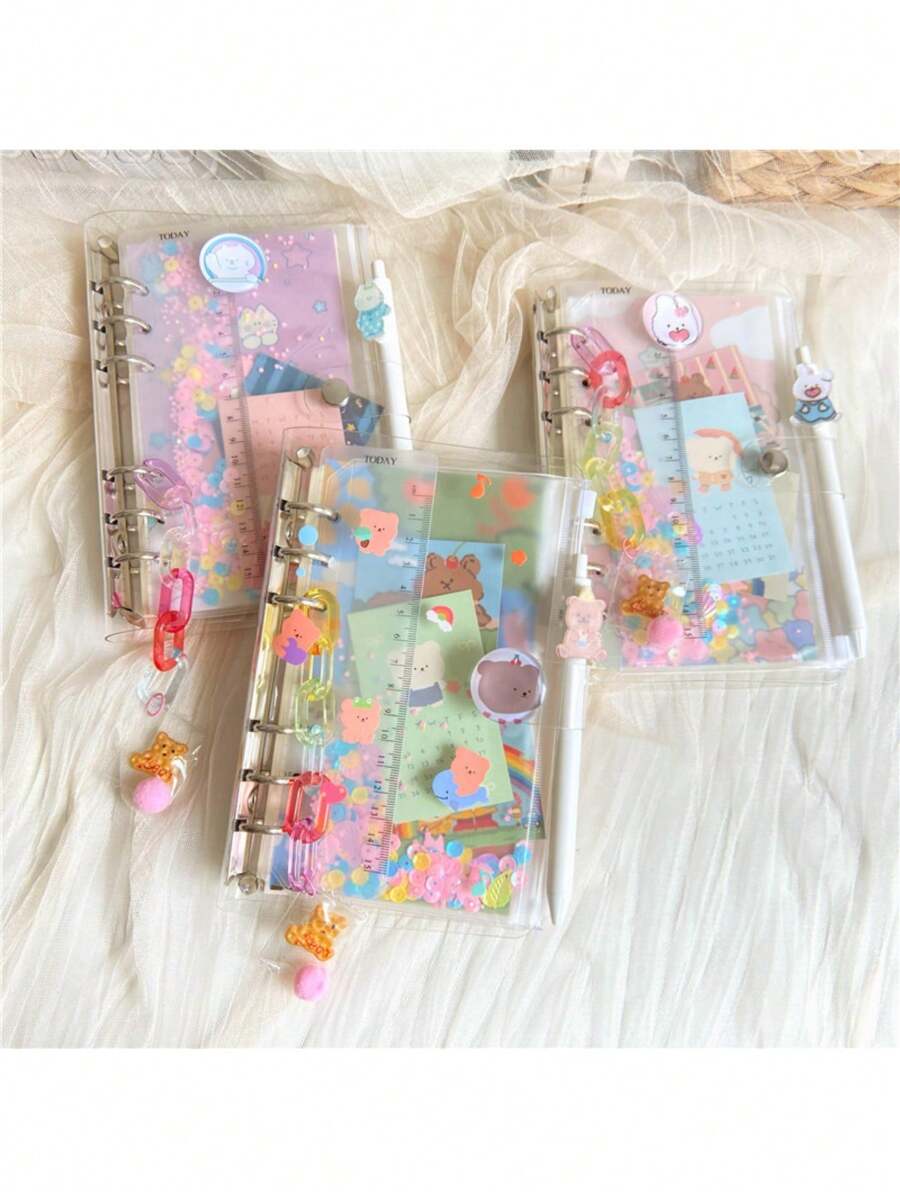 A5 Size Pink Girly Loose-Leaf Journal With Stickers, Transparent Diary Notebook, Schedule Planner