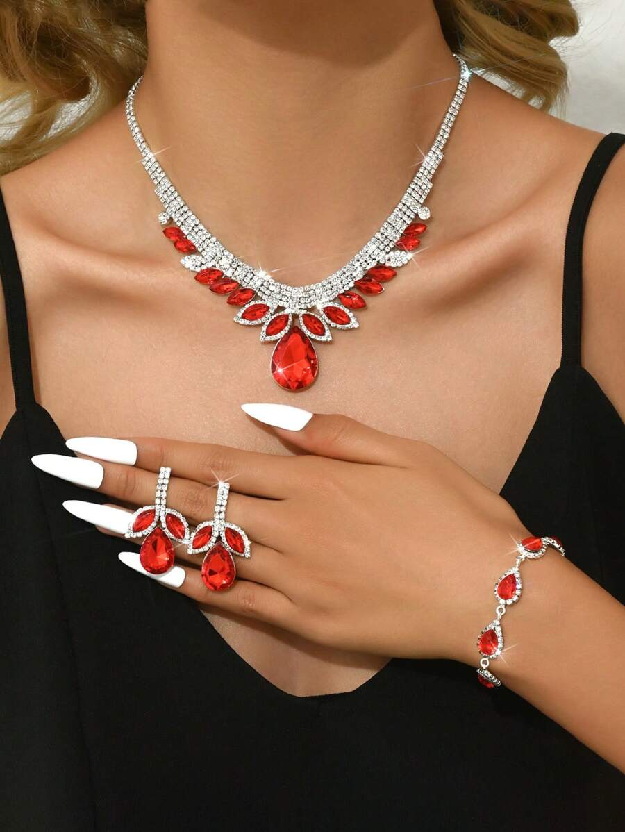 4pcs Set Crystal Water Drop Shaped Rhinestone Necklace, Bracelet & Earing Jewelry Set, European Style
