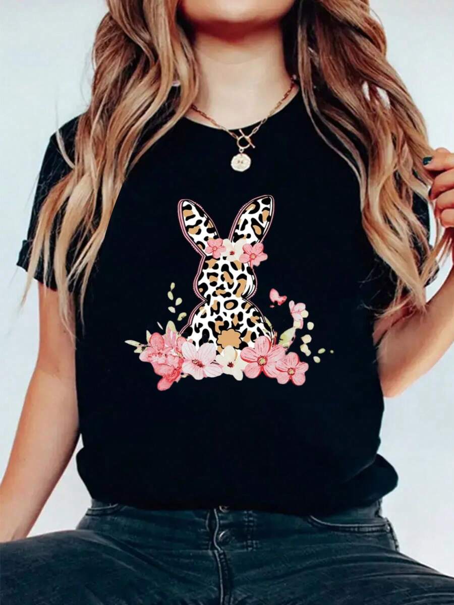 Happy Easter Shirt For Women Funny Bunny Rabbit T Shirt Easter Holiday Tops Short Sleeve Tees Casual Printed 100% Cotton Women T Shirt, Summer Tshirts Short Sleeve Graphic Tee Women Tops