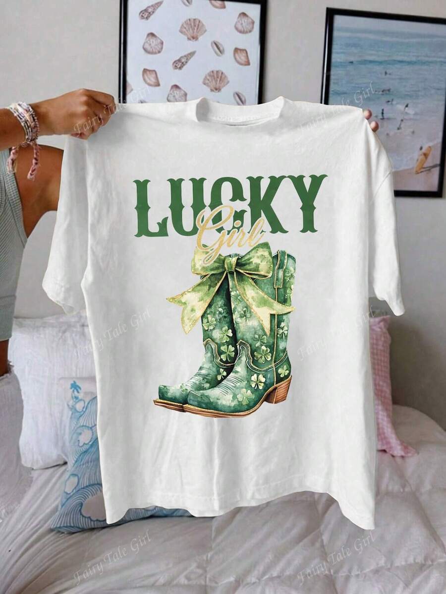 St. Patrick's Day Women's Summer Letter Boots Printed Casual Round Neck Short Sleeve T-Shirt Graphic Tees Women Summer Tops