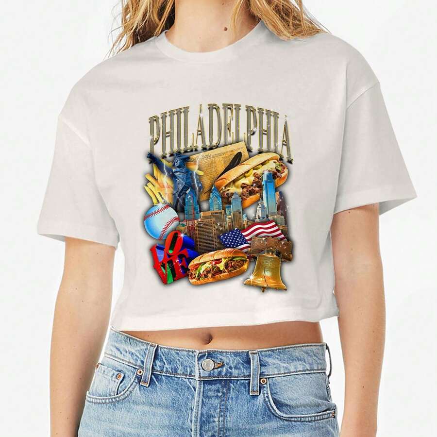 Nearly There Philly Collage Mess Graphic Cotton Ladies Crop Top T-Shirt