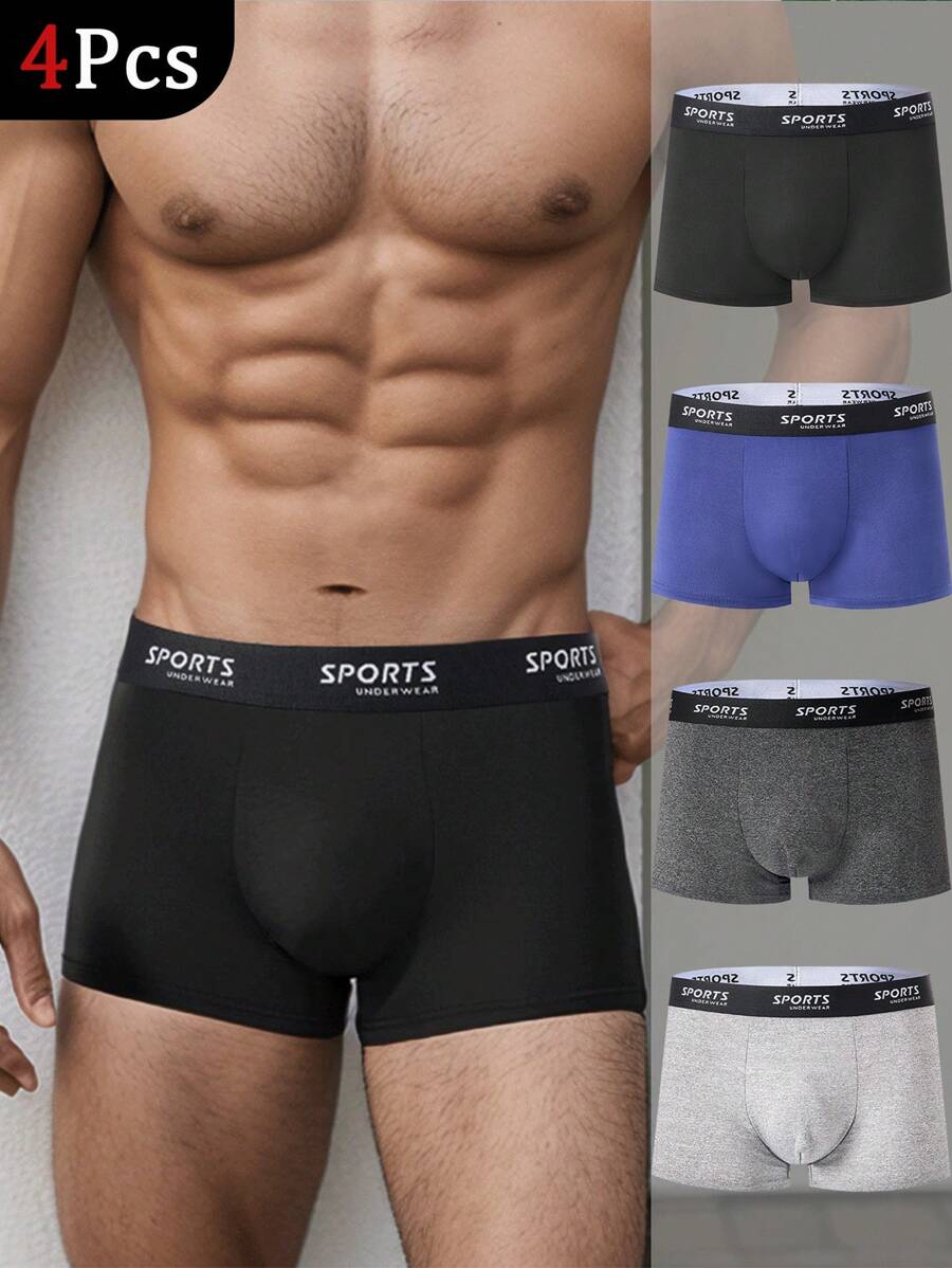 HIALEGION Lot de 4 slips multicolores pour homme, style sport, lettre, ceinture, athlétique, décontracté, simple, confortable, boxer