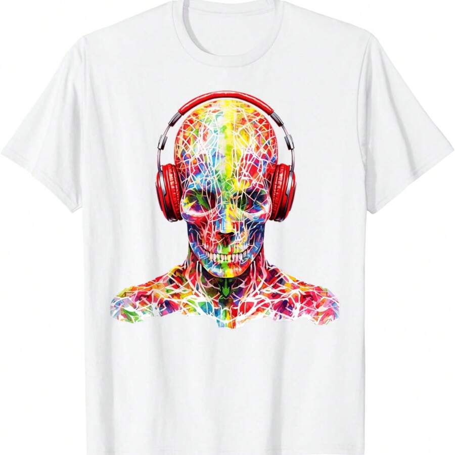 Skull Colorful Mandala Headphones Art Geometric Skull T-Shirt