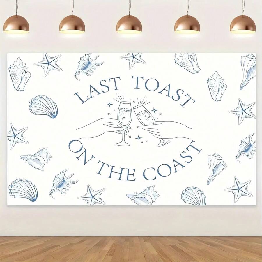1pc Final Coastal Dessert Party Backdrop - Blue Coastline Beach Theme Banner, Polyester Photography Background, Suitable For Bridal Shower And Engagement Decor, Tablecloth, Curtain