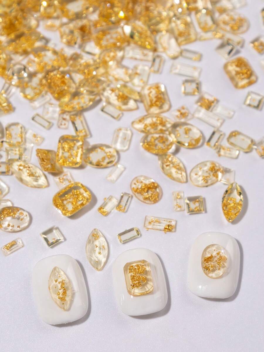100pcs Transparent Gold Foil Square Rectangular Flat Nail Art Decoration Gold Nail Resin Stone Nail Supplies