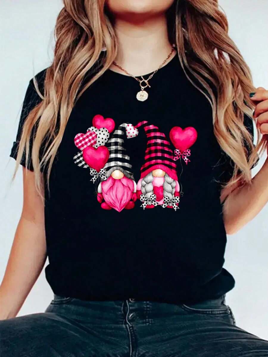 Pink Buffalo Plaid And Heart Balloons Valentine's Day Gnome T-Shirt Casual Printed 100% Cotton Women T Shirt, Summer Tshirts Short Sleeve Graphic Tee Women Tops