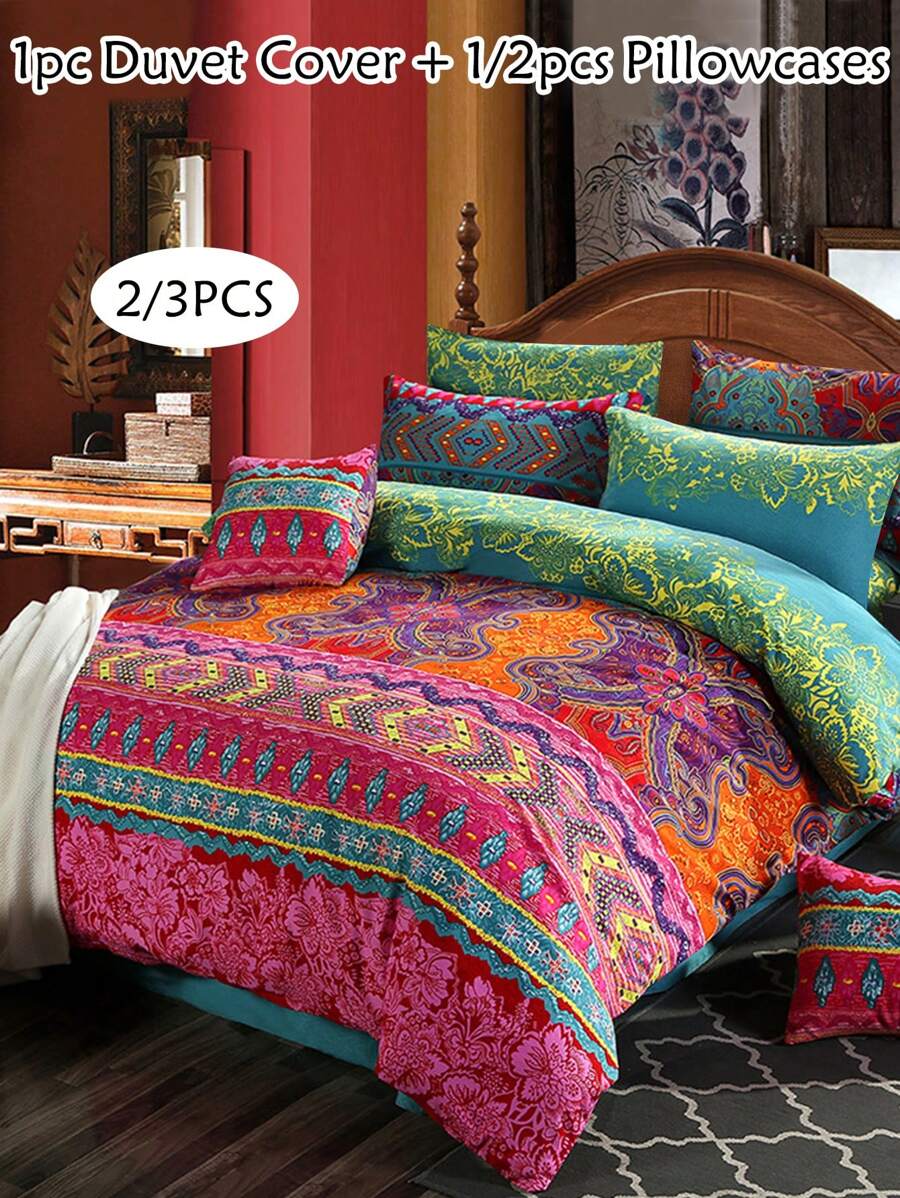 2/3pcs Bohemian Geometric Stripe Retro Print Polyester Duvet Cover Set, Fashion Vivid Bedding Set Suitable For All Seasons (1 Duvet Cover + 1/2 Pillowcase)