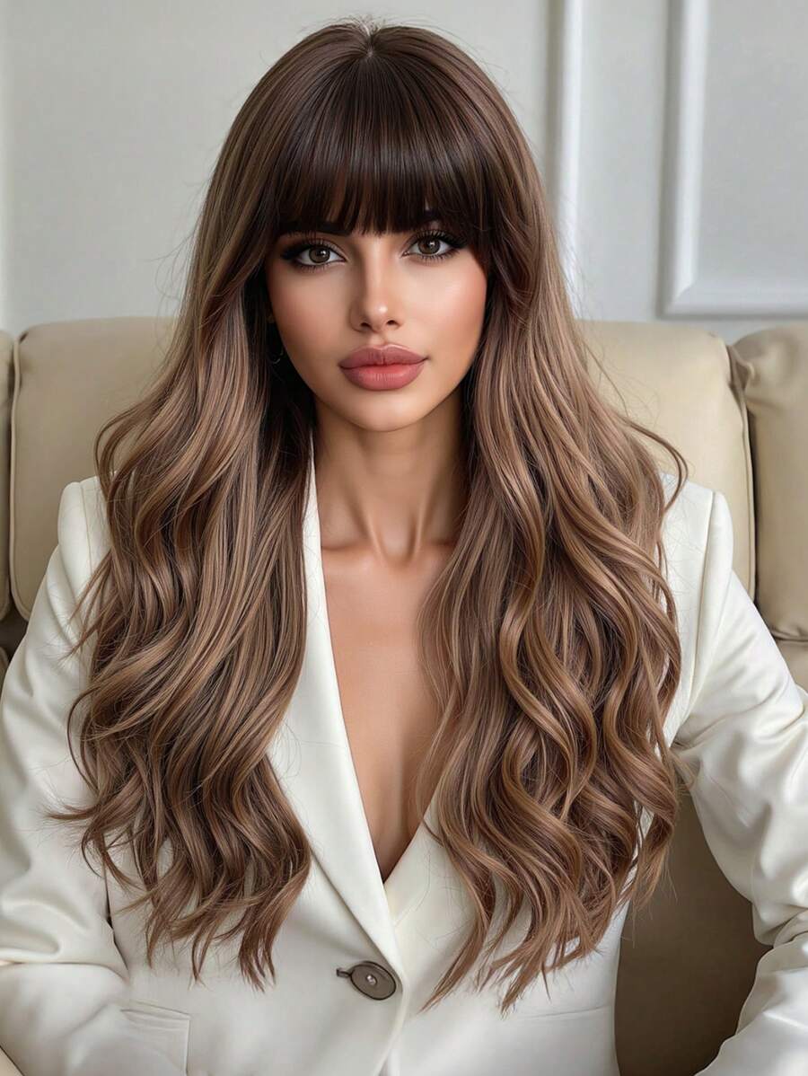 Peluca sintética de alta calidad con fibra resistente al calor, de 26 pulgadas de largo, con cabello castaño rizado y flequillo, perfecta para fiestas, vacaciones y uso diario