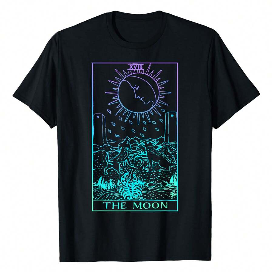 The Moon Tarot Card Rider Waite Witchy T-Shirt Graphic Tees Short Sleeve Casual Women T Shirts Unisex 100% Cotton Tee Shirt Womens Summer Tops Funny Print Women's T-Shirts Soft Comfy Everyday Wear Daily Gift Woman Tshirt Black