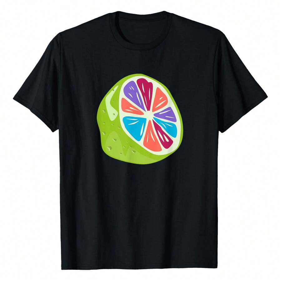 Colorful Lemon Lime Citrus Fruit Summer T-Shirt, Women's Printed T-Shirt 220g, 100% Cotton, Retro Fashion Street Women's Short Sleeve, Round Neck Women's Outdoor Casual Short Sleeve, Daily Four Seasons Wear, Holiday Gifts
