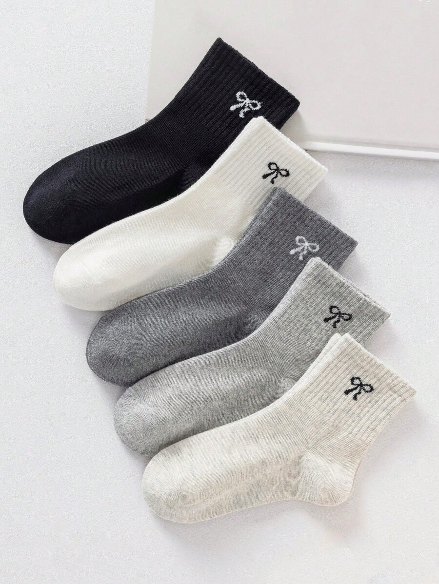 5 Pairs Of Children's Socks, Solid Color Bow Pattern Girls Four Seasons Cute Casual Simple Daily Travel Can Wear Children's Mid-Tube Socks.
