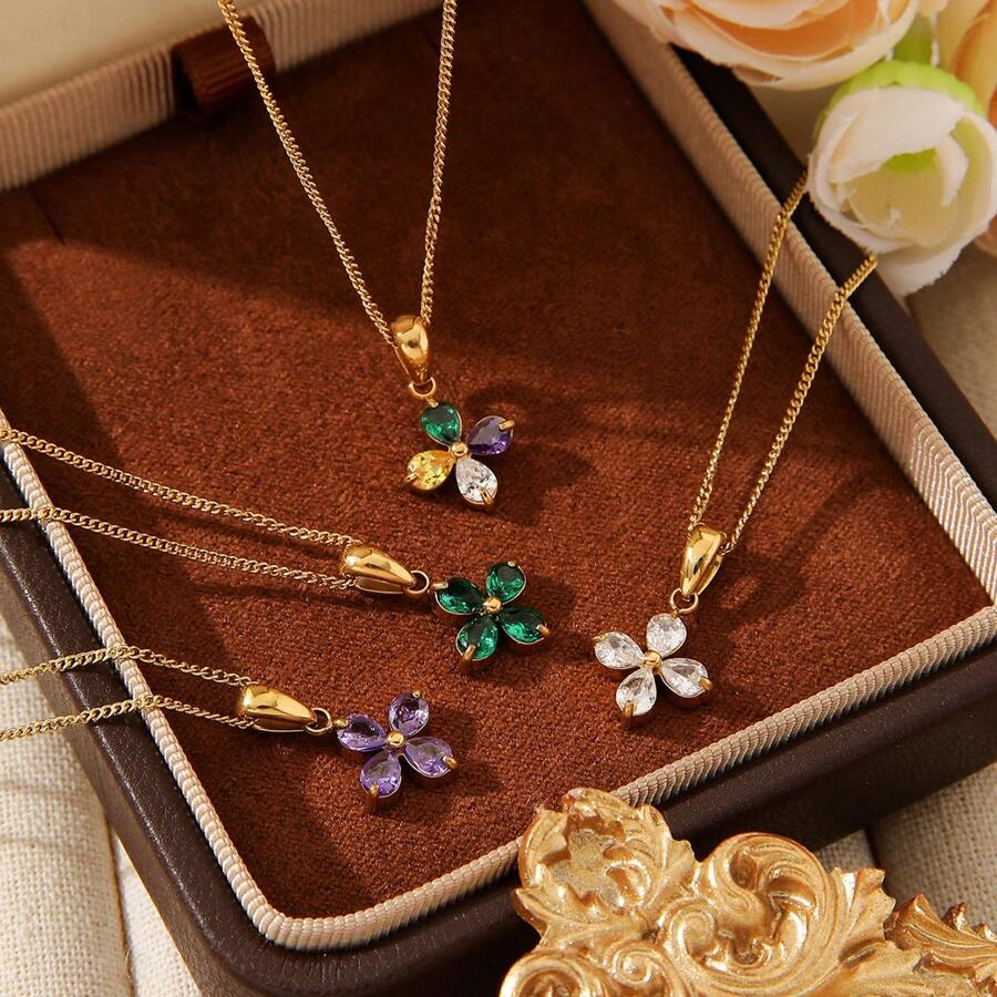 1 Stück Halskette aus 18 K Perlengold überzogenem Edelstahl mit 4-Blatt-Blume und kubischem Zirkonia, Luxus Damenmode, geeignet für Party, Date, Büro