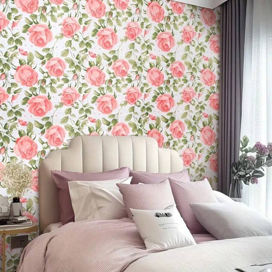 1 Roll Of Flower Pink Rose Wallpaper Green Plant PVC Waterproof Easy To Clean Removable Sticker 7.7inX196.8/118.1/39.3in Bedroom Hotel Living Room Wall Home Decoration Countertop Kitchen Cabinet Furniture Renovation DIY Easy To Install Tear Off And Paste Room Decor Wall Decor Bathroom Decor Bedroom Decor Room Decoration Stuff Living Room Decor House Decor Home Decor Living Room Wall Paper Stickers Wall Stickers Wall Sticker