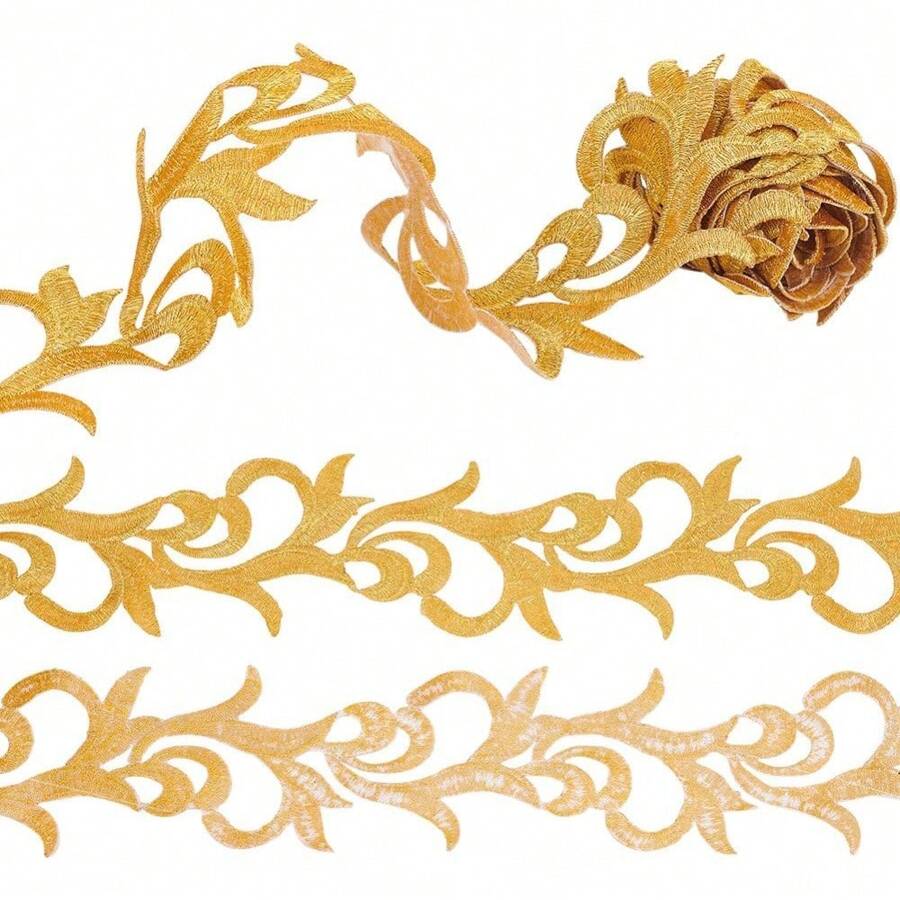 MAGICALCUTDIE 2.2Yard Iron On Metallic Lace Trim 70mm Wide Golden Cloud Shape Embroidery Ribbons Hollowed Gold Metallic Lace Ribbon For Sewing Hollow Gold Metallic Trim For Clothes Decoration