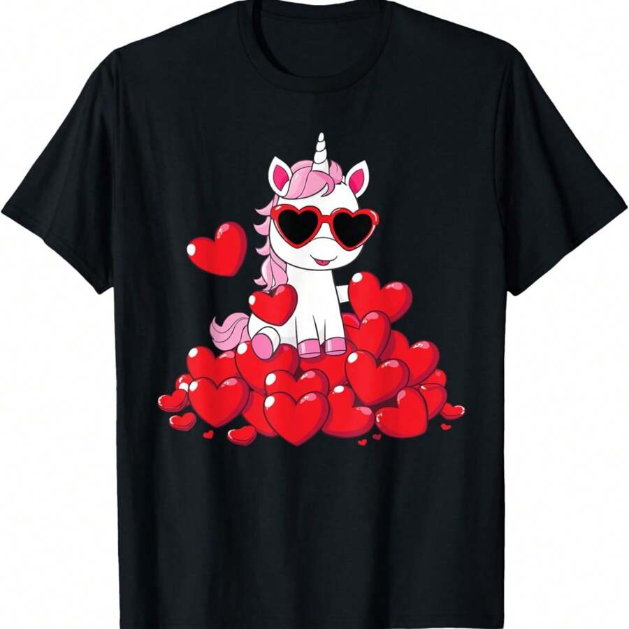 Cute Pink Unicorn Lover Tees Valentines Day Heart Girls Kids T-Shirt