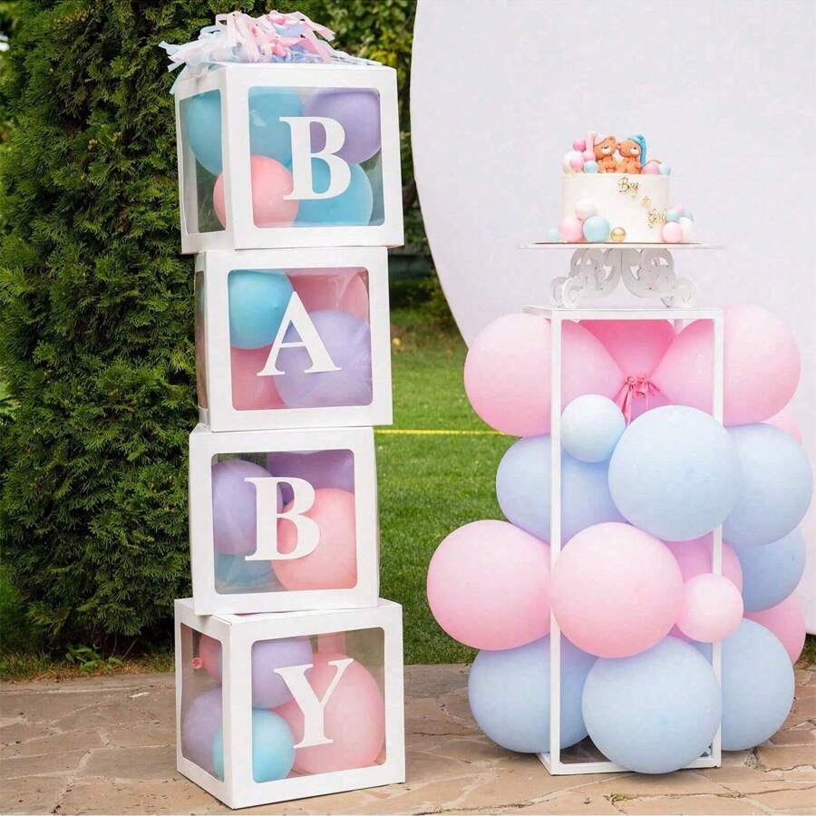 Cajas de globos blancos, con letras para Baby Shower, 1 caja con 1 letra o 1 juego de 4 cajas y letras B-A-B-Y, decoraciones de fiesta de baby shower para fiestas de cumpleaños, cajas de globos transparentes, bloques claros para fiestas de cumpleaños, duchas nupciales, revelación de género, decoraciones de cajas de globos