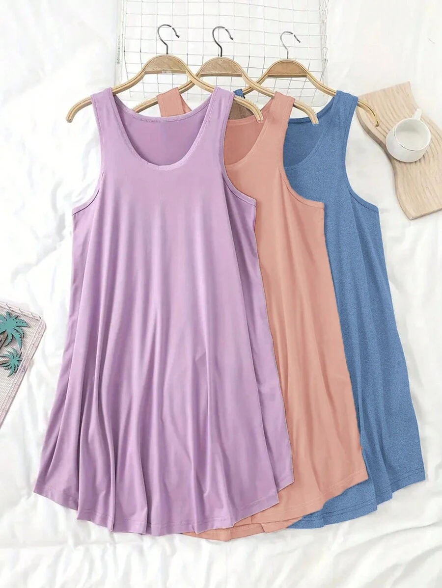 Set básico casual de 3 piezas para tallas grandes, camiseta sin mangas y bata de noche de unicolor de cuello redondo para primavera/verano, para vacaciones