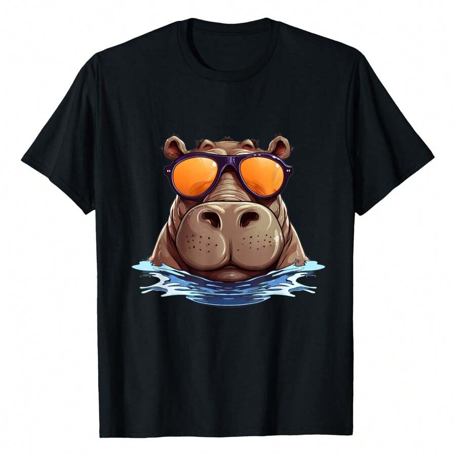 Cool Hippo With Sunglasses For Funny Animals Costume T-Shirt Graphic Tees Short Sleeve Casual Women T Shirts Unisex 100% Cotton Tee Shirt Womens Summer Tops Funny Print Women's T-Shirts Soft Comfy Everyday Wear Daily Gift Woman Tshirt Black