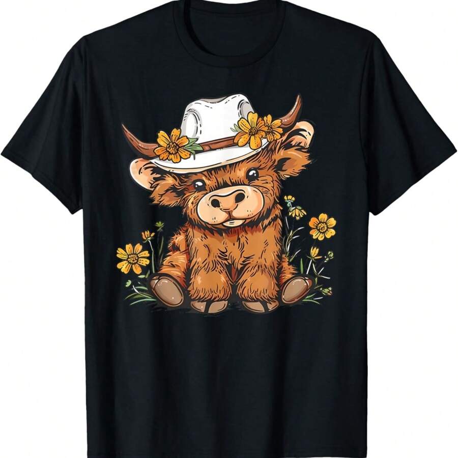 Scottish Cute Highland Cow Cattle Hairy Cow Flowers Women T-Shirt