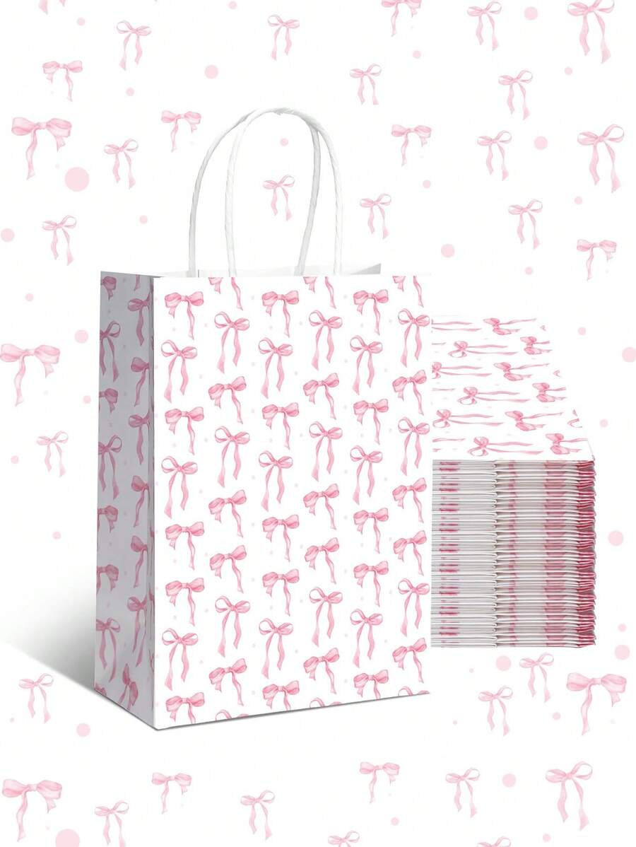 4pcs Pink Bow Paper Gift Bags, Party Favor Bags Handle Bags, Wedding Gifts Bag, Birthday Gifts Bags, Paper Wrap Bags Portable Tote Retail Shopping Bags, Party Gift Bags Packaging Supplies Packaging Bags, Birthday Party Gifts Favor
