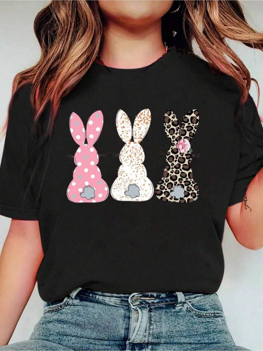 Leopard Easter Bunny T-Shirt For Women Floral Striped Rabbit Shirts Easter T Shirs Cute Bunny Tee Tops Print Crew Neck Casual T-Shirt Short Sleeve Sports Top, Smart Casual/Street Style Women's Clothing